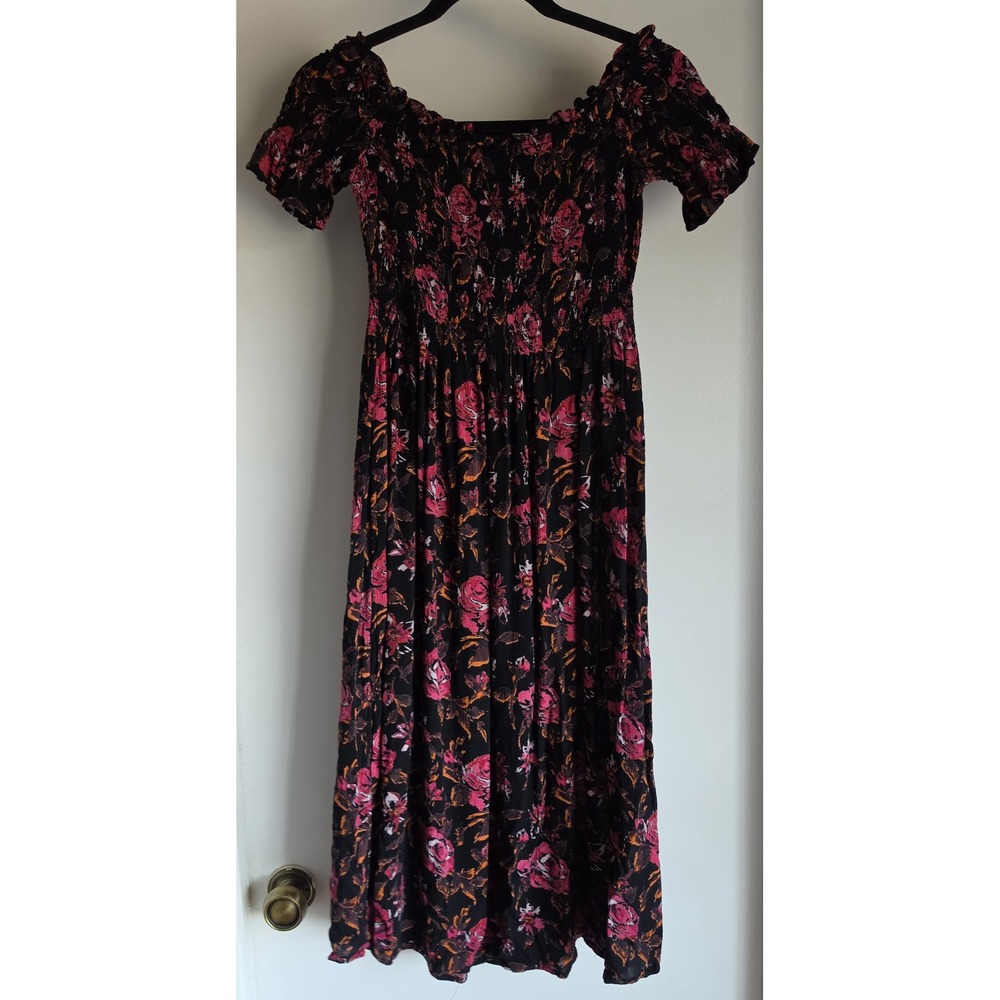 Kimchi Blue Floral Midi Dress M Off Shoulder Black Pink Boho Sundress Gown